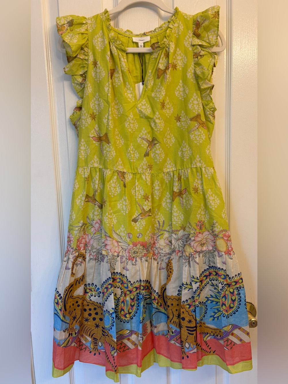 Hummingbird & Floral Cotton Mini Dress ~ Women’s Large ~ New ~ Bohemian
